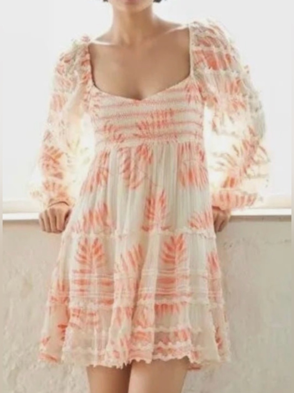 Hemant & Nandita Dream Smocked Waist Babydoll Dress in Ecru Size Large. A-1